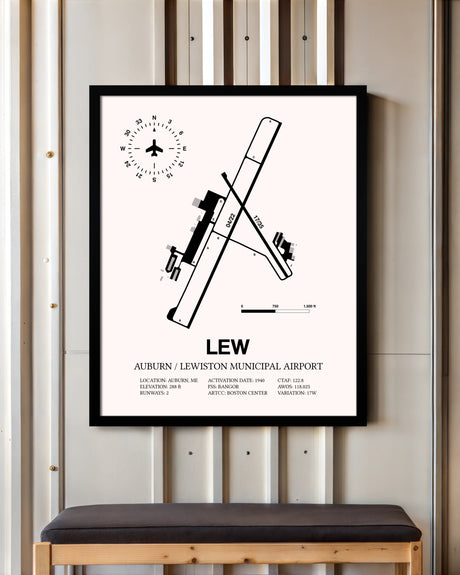 Auburn / Lewiston Municipal Airport framed poster displayed in an airplane hangar