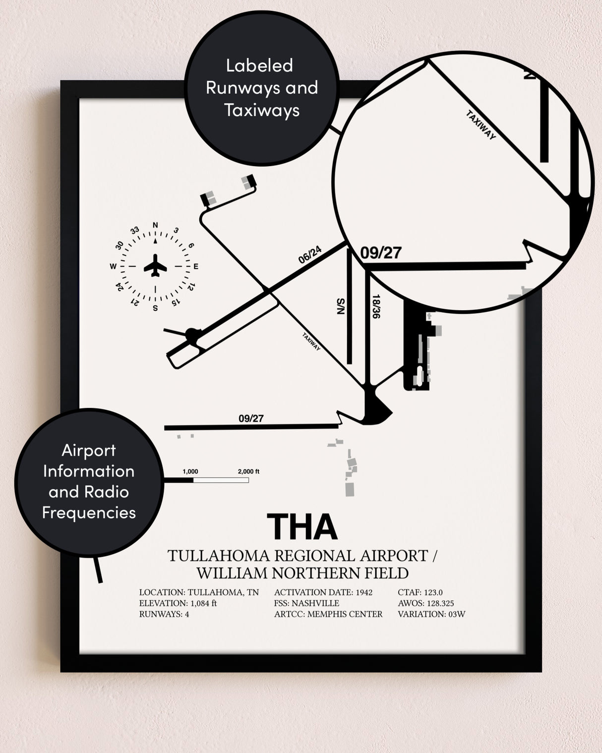 Framed Tullahoma Regional Airport / William Northern Field layout wall art poster