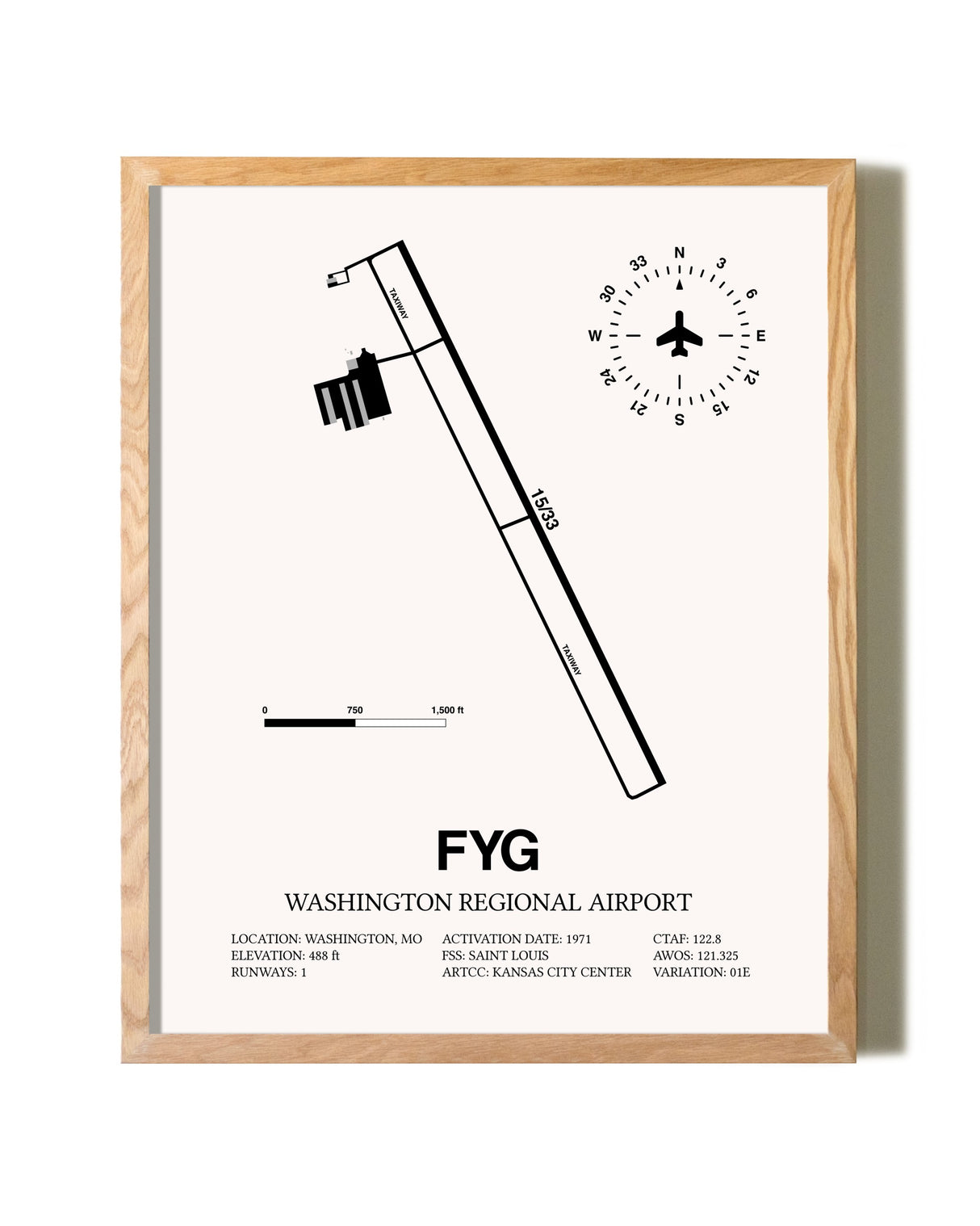 Washington Regional Airport framed print in natural wood frame
