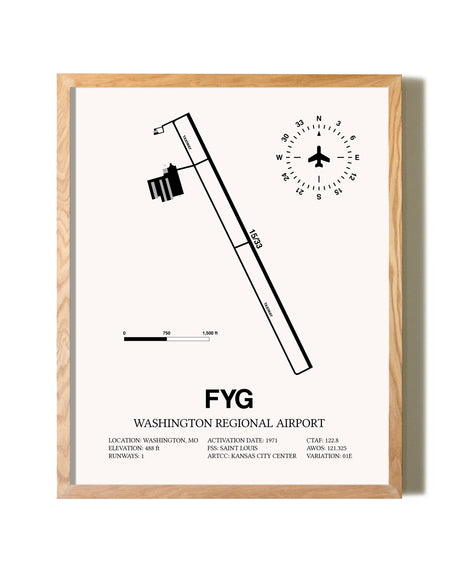 Washington Regional Airport framed print in natural wood frame