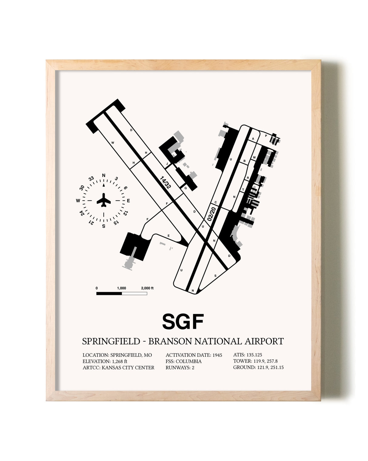 Springfield-Branson National Airport framed wall art in white frame
