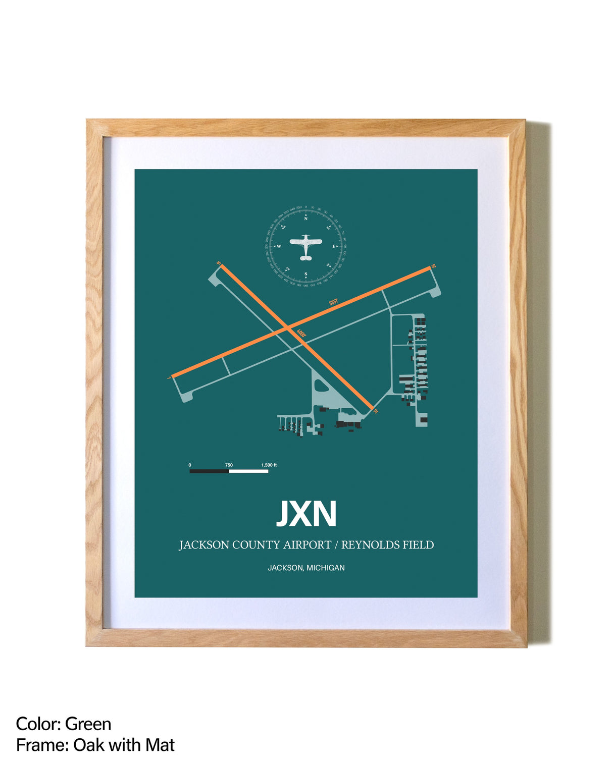 Jackson County Airport/Reynolds Field airport map poster in oak frame with mat