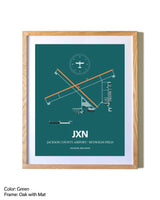 Jackson County Airport/Reynolds Field airport map poster in oak frame with mat
