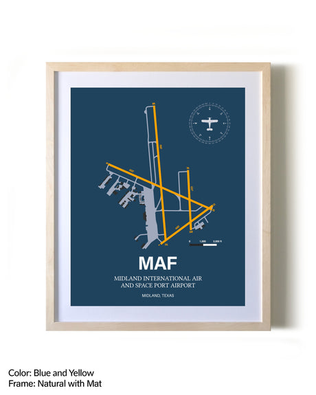 Midland International Air and Space Port Airport framed print in natural wood frame with mat