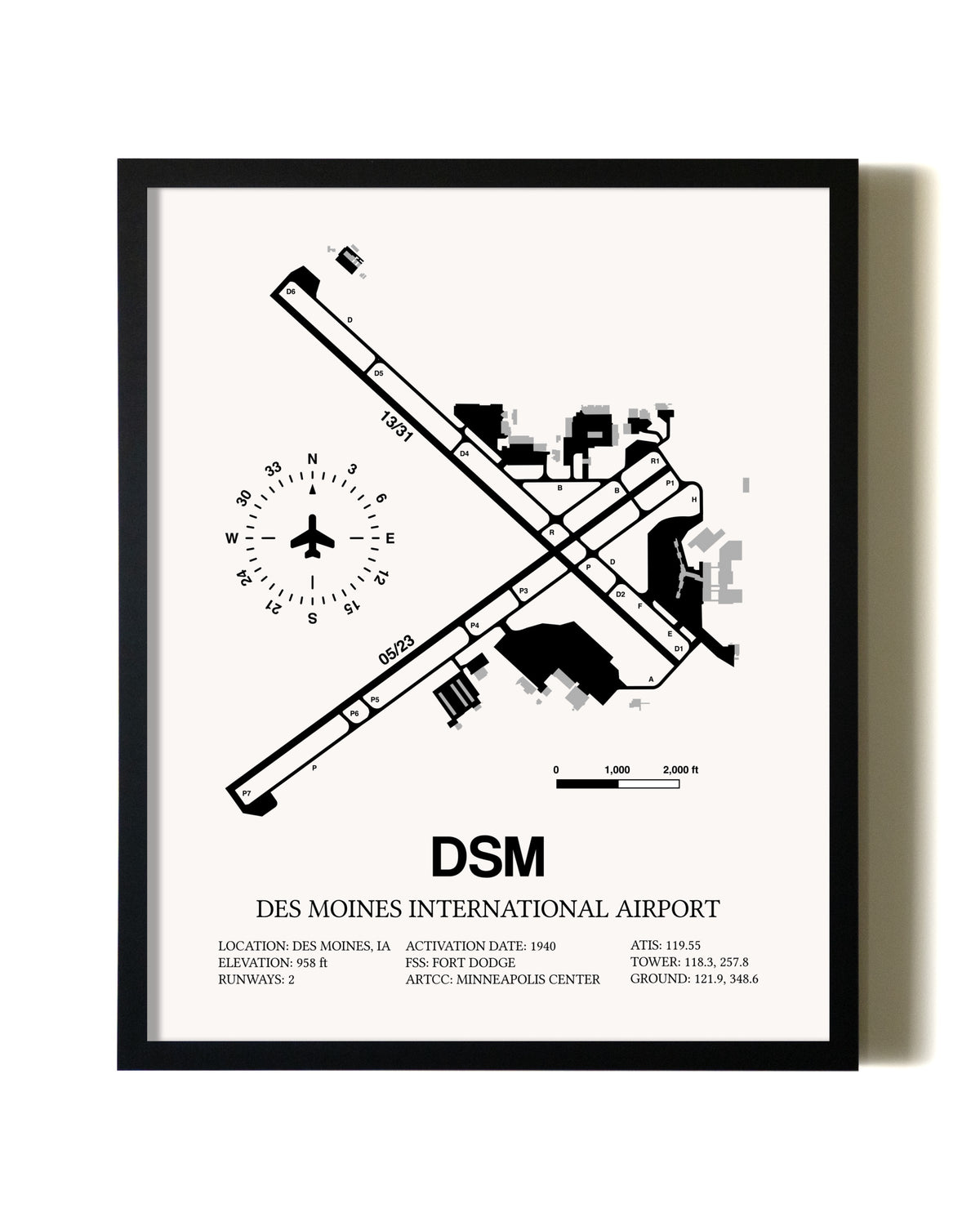 Framed Des Moines International Airport wall art poster in black frame