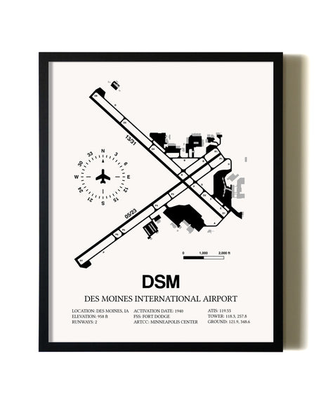Framed Des Moines International Airport wall art poster in black frame