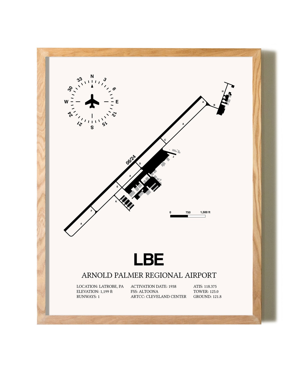 Arnold Palmer Regional Airport framed print in natural wood frame