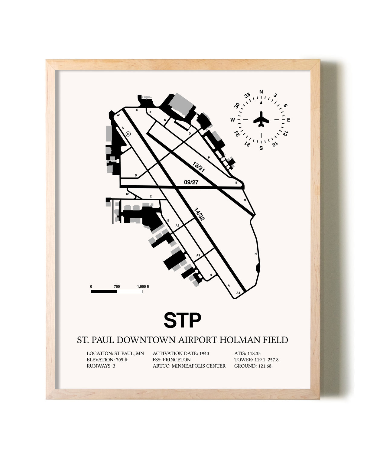 St. Paul Downtown Airport Holman Field framed wall art in white frame