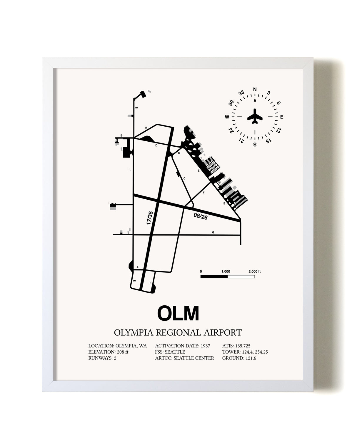Olympia Regional Airport airport map poster in oak frame