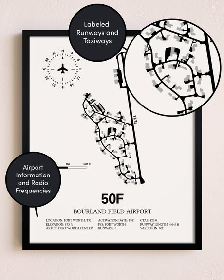Framed Bourland Field Airport layout wall art poster