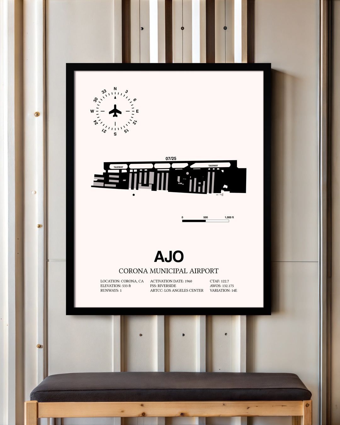 Corona Municipal Airport framed poster displayed in an airplane hangar