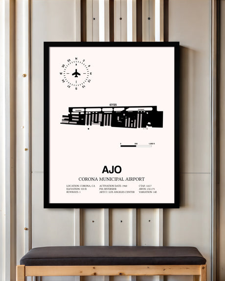Corona Municipal Airport framed poster displayed in an airplane hangar