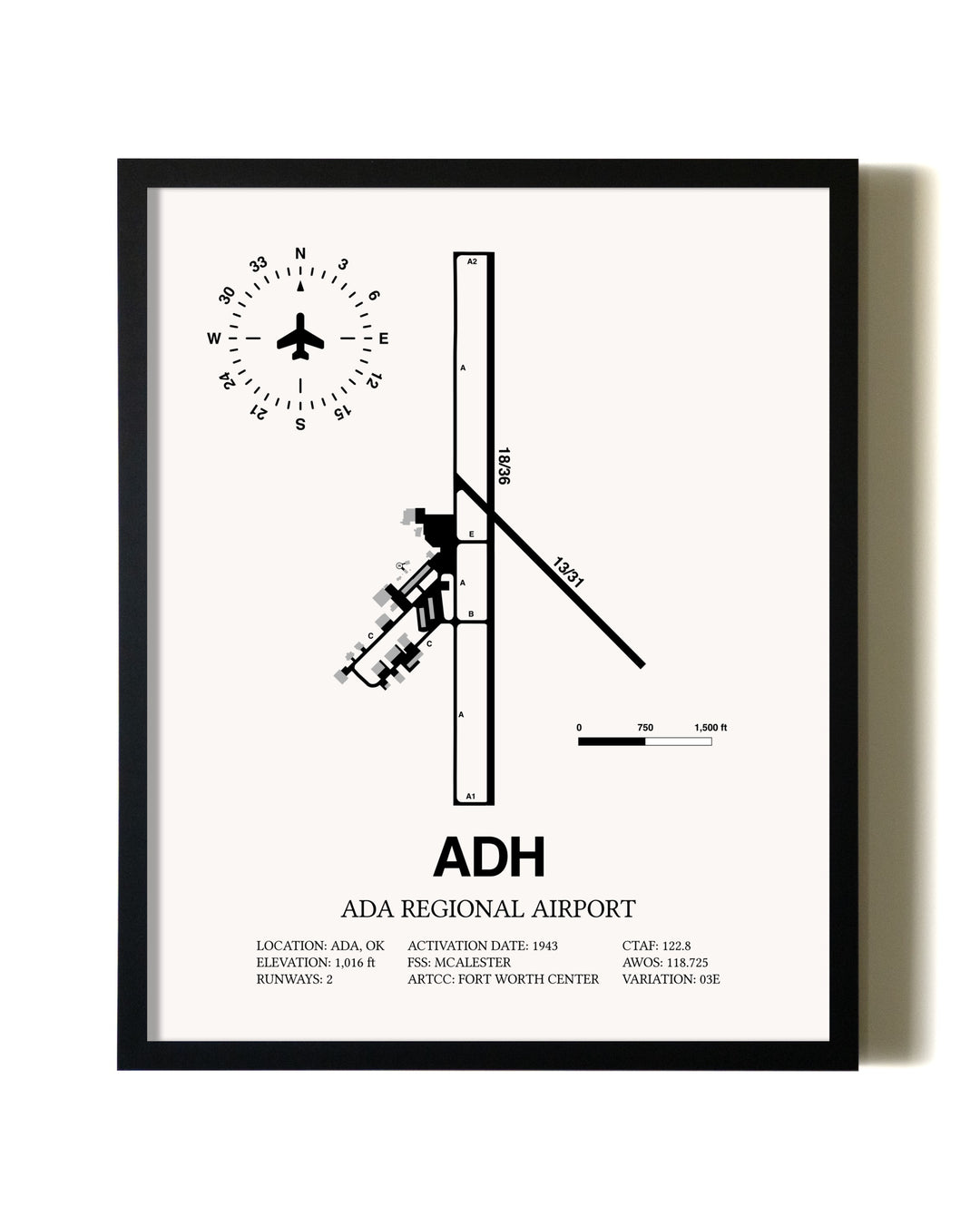 Framed Ada Regional Airport wall art poster in black frame