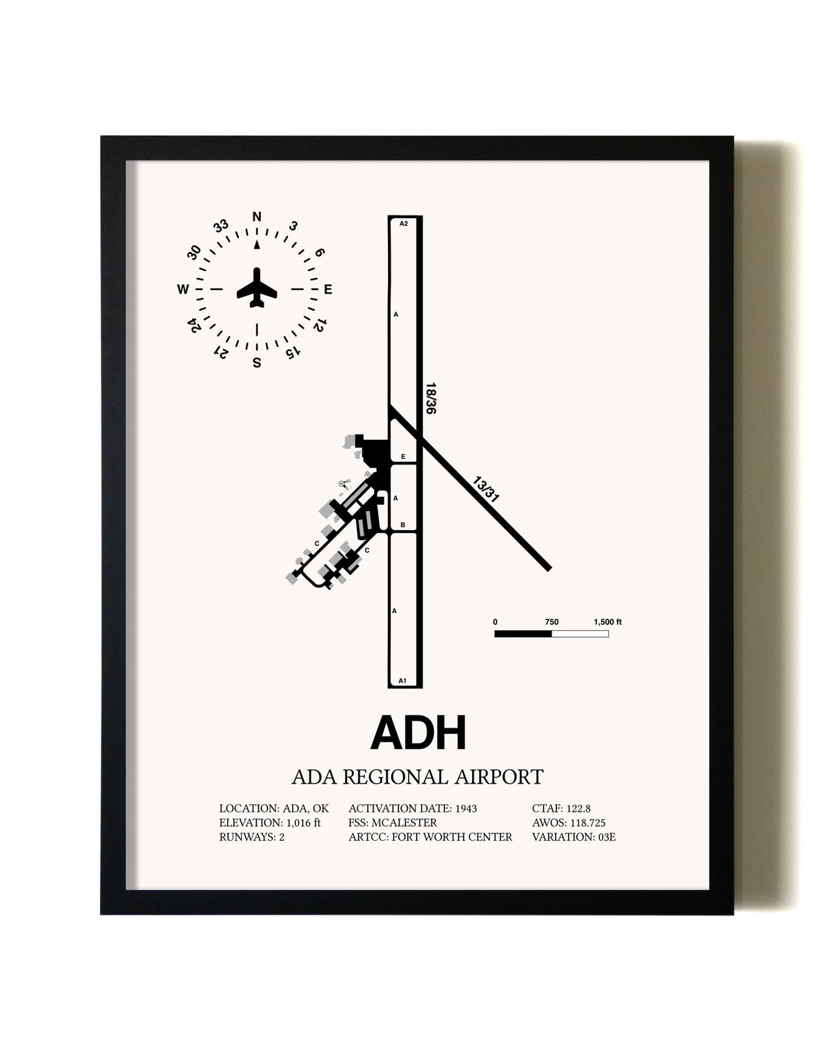 Framed Ada Regional Airport wall art poster in black frame