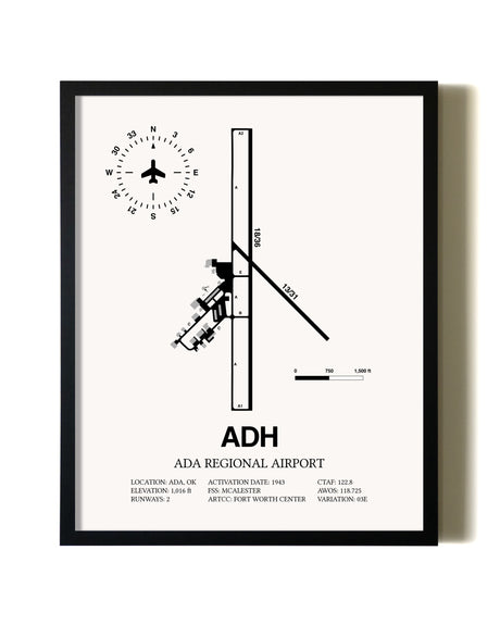 Framed Ada Regional Airport wall art poster in black frame