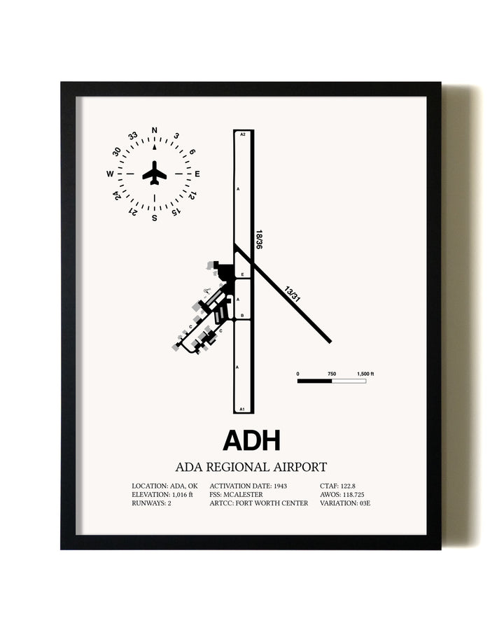 Framed Ada Regional Airport wall art poster in black frame