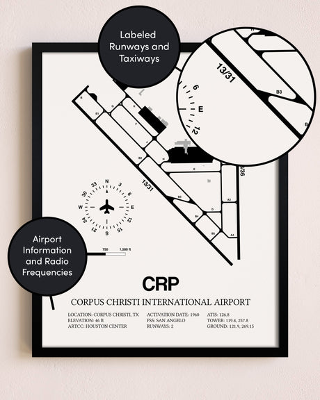 Framed Corpus Christi International Airport layout wall art poster