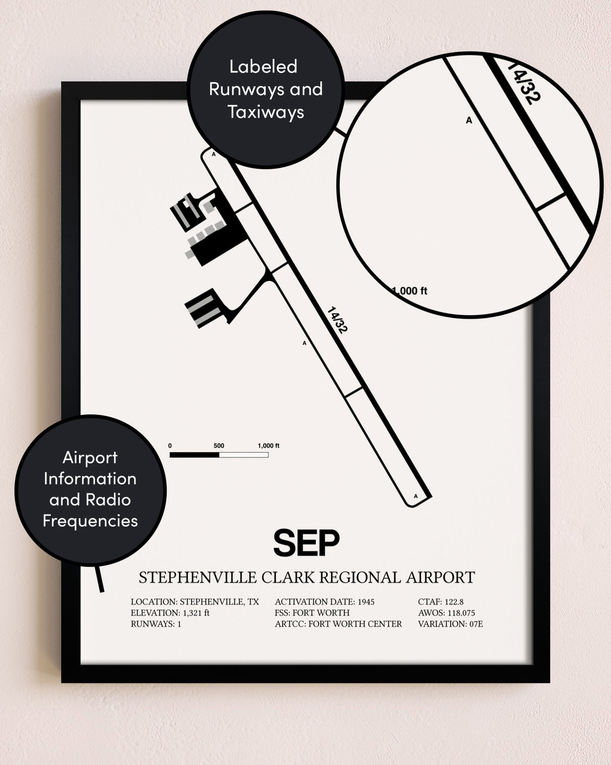 Framed Stephenville Clark Regional Airport layout wall art poster