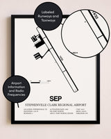 Framed Stephenville Clark Regional Airport layout wall art poster