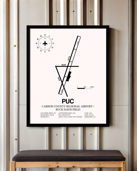 Carbon County Regional Airport / Buck Davis Field framed poster displayed in an airplane hangar