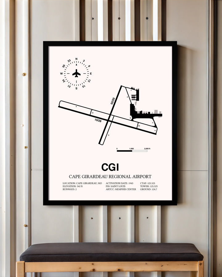 Cape Girardeau Regional Airport framed poster displayed in an airplane hangar