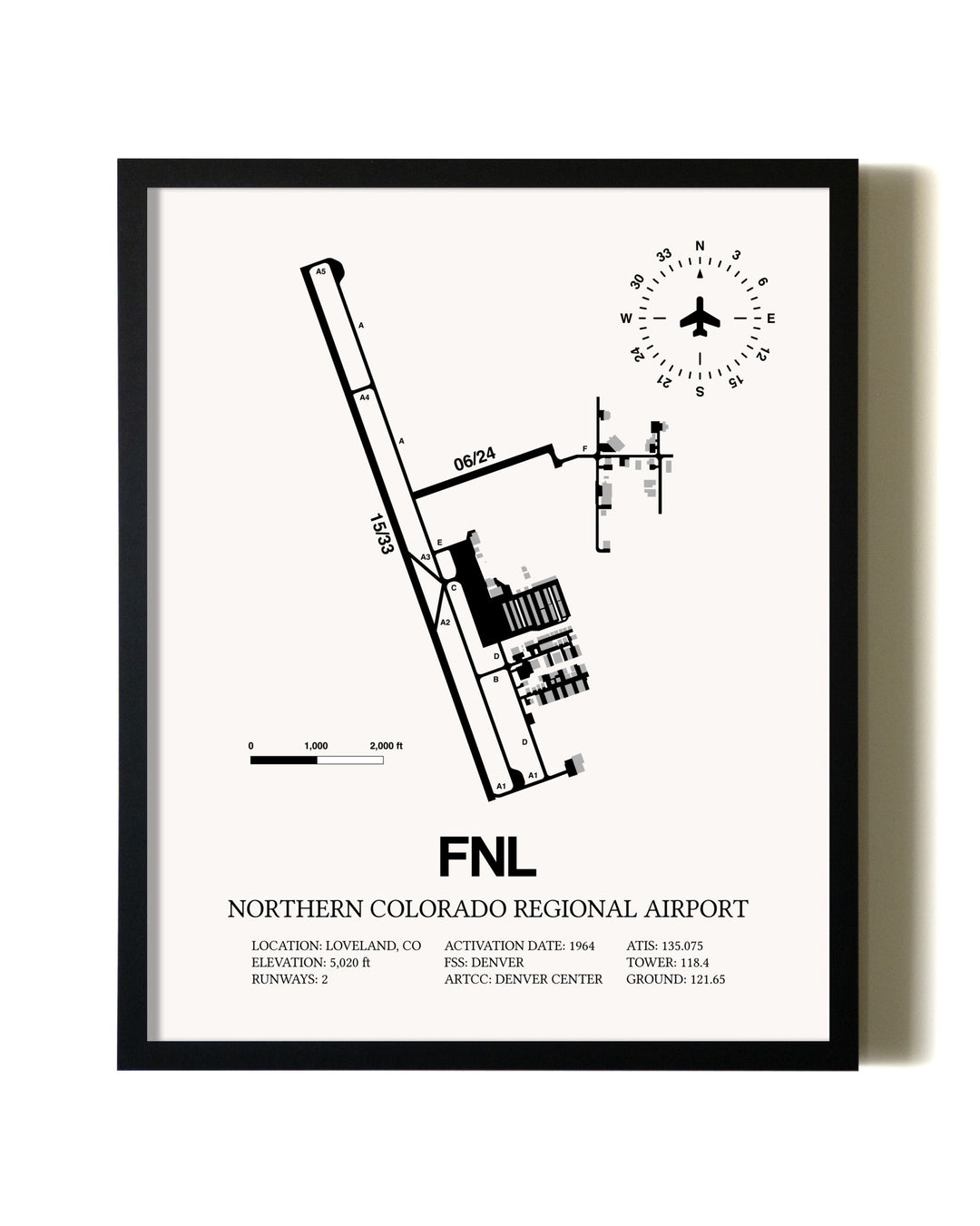 Framed Northern Colorado Regional Airport wall art poster in black frame
