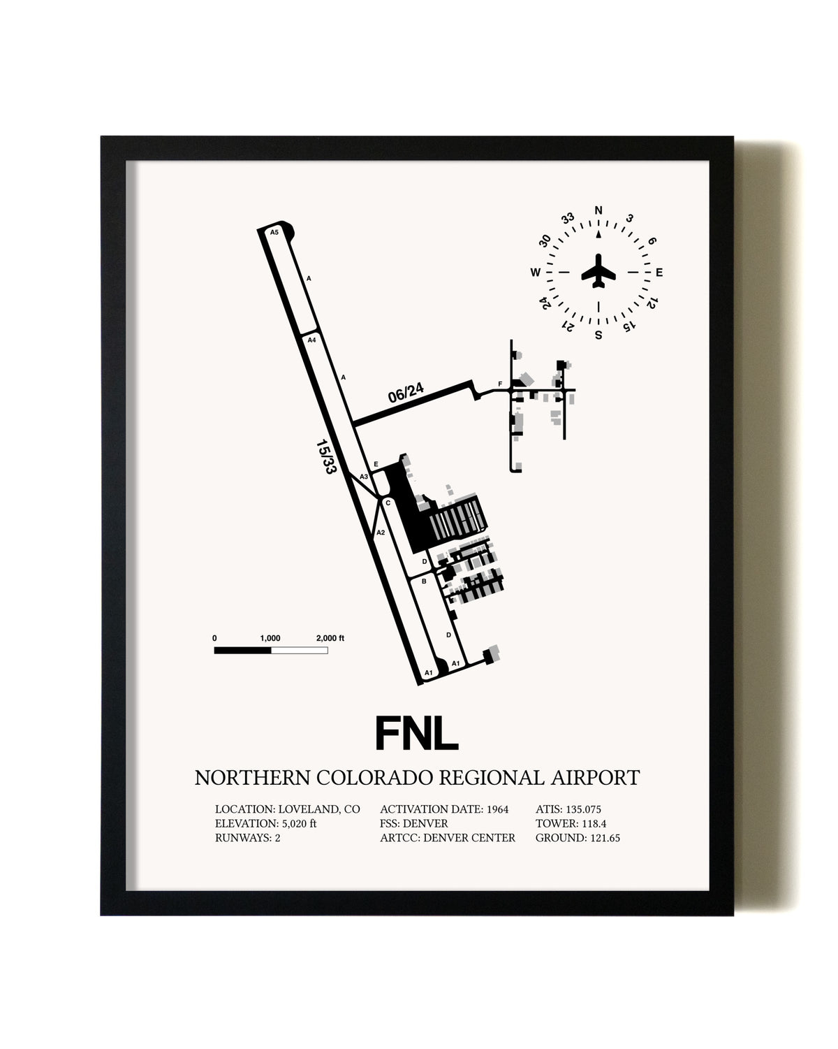 Framed Northern Colorado Regional Airport wall art poster in black frame