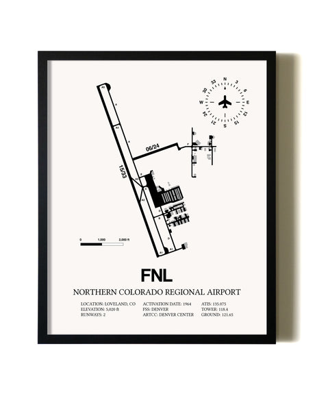 Framed Northern Colorado Regional Airport wall art poster in black frame
