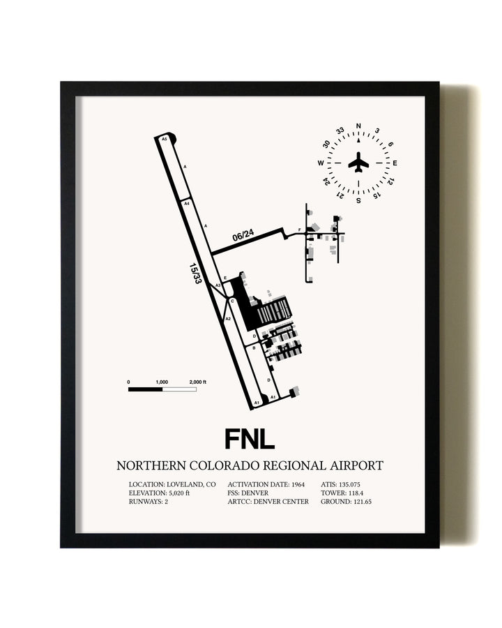 Framed Northern Colorado Regional Airport wall art poster in black frame