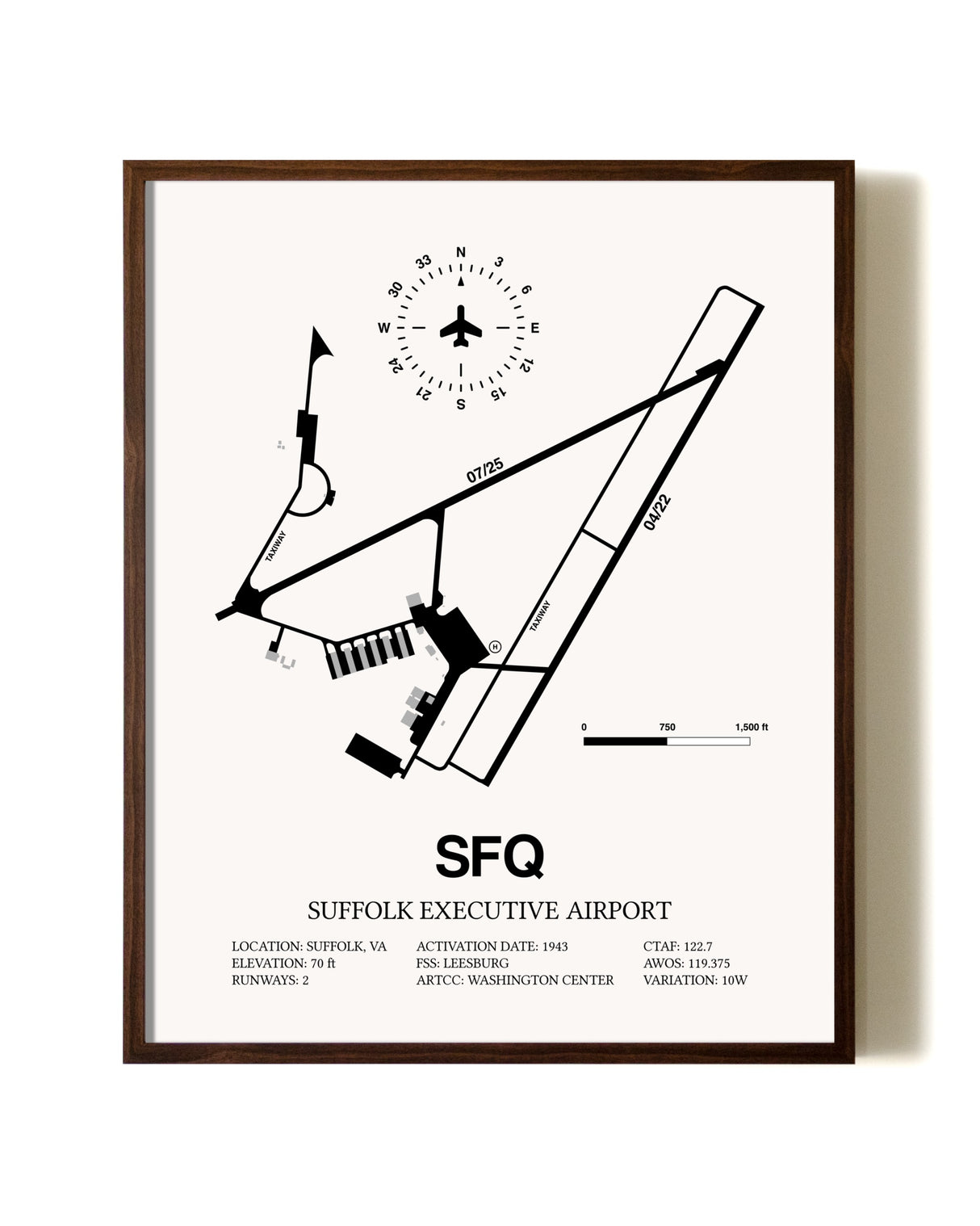 Suffolk Executive Airport aviation print in walnut frame