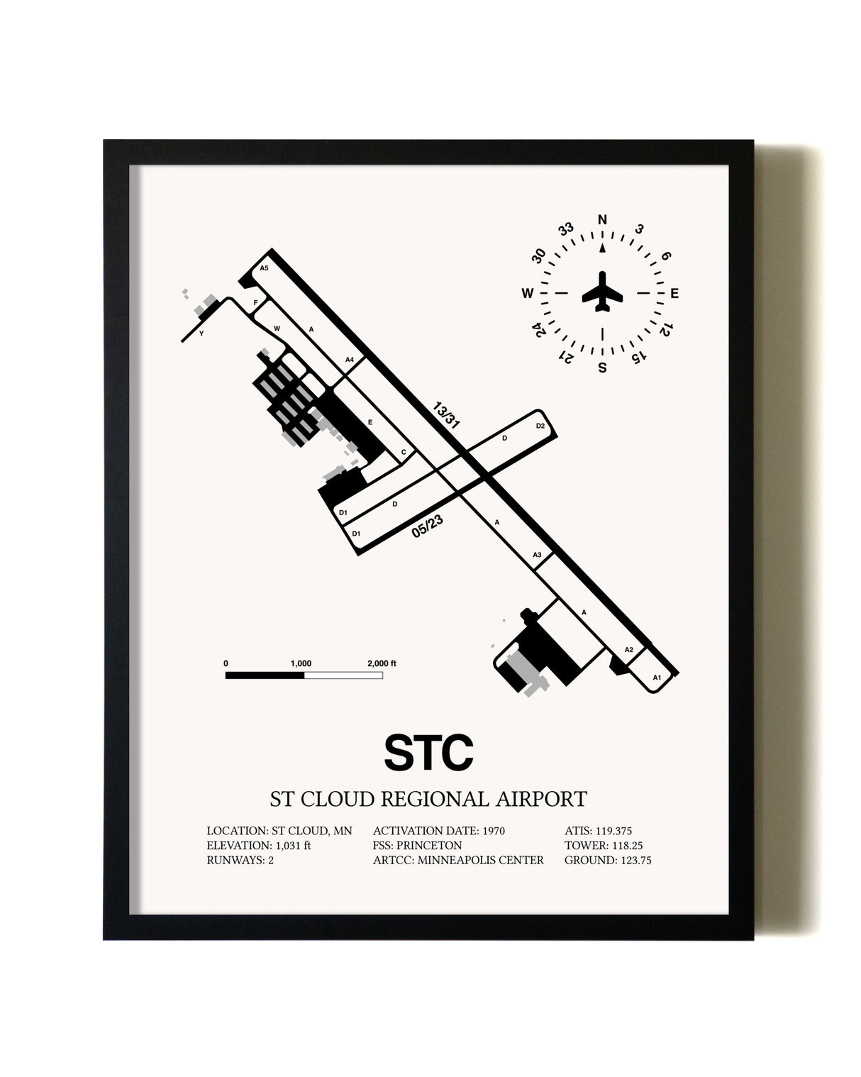 Framed St. Cloud Regional Airport wall art poster in black frame