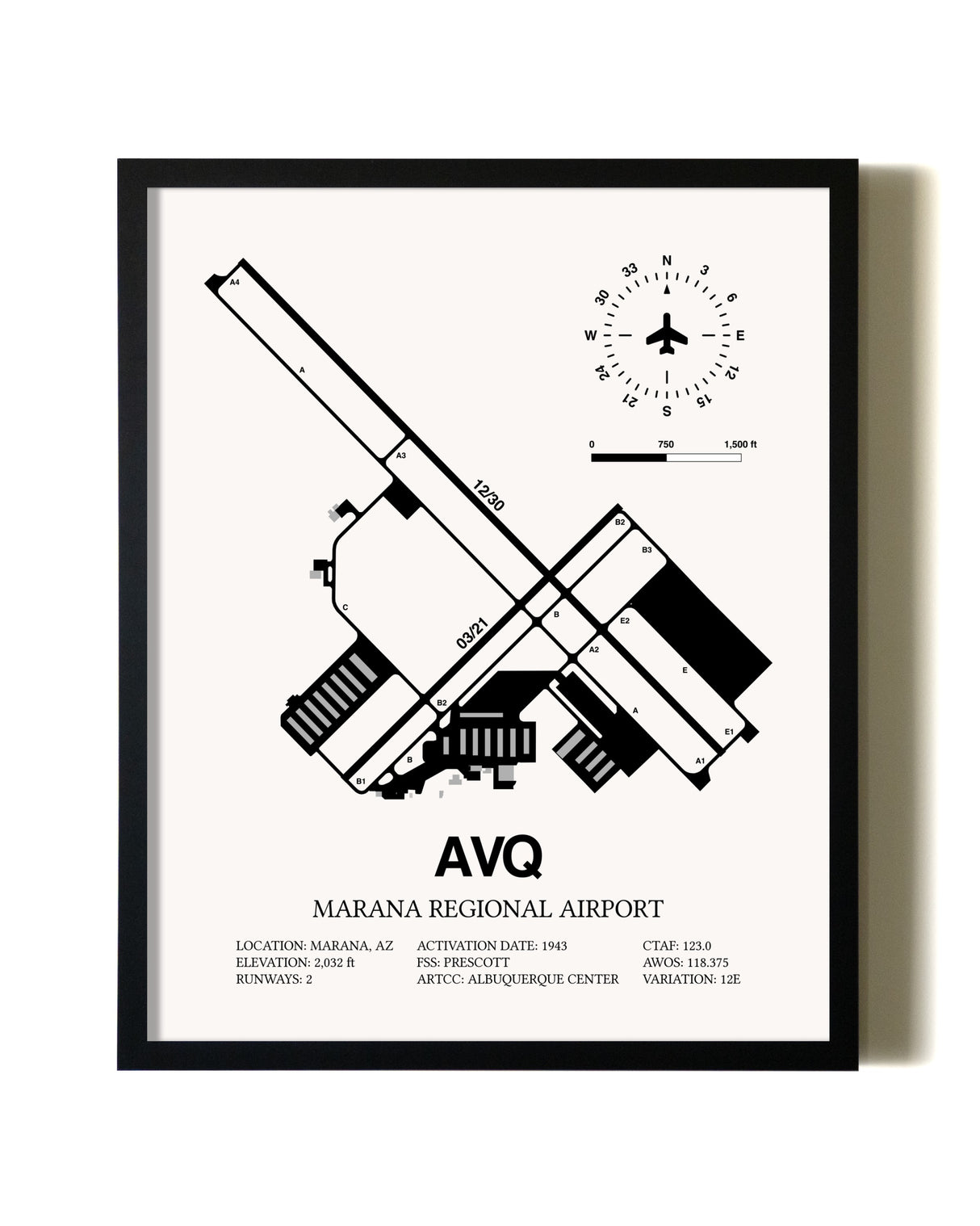 Framed Marana Regional Airport wall art poster in black frame