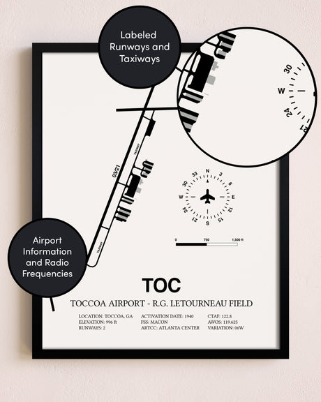 Framed Toccoa Airport - R.G. Letourneau Field layout wall art poster