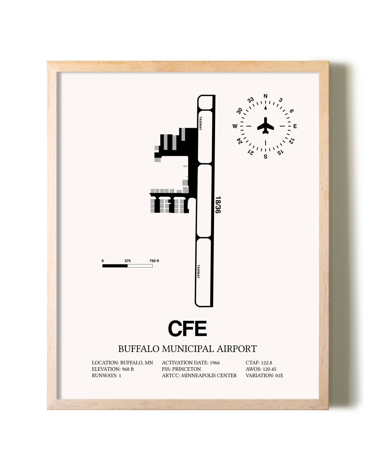 Buffalo Municipal Airport framed wall art in white frame
