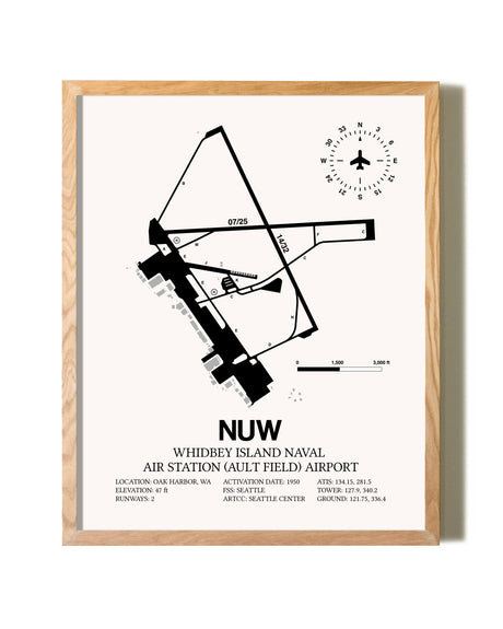 Whidbey Island Naval Air Station (Ault Field) Airport framed print in natural wood frame