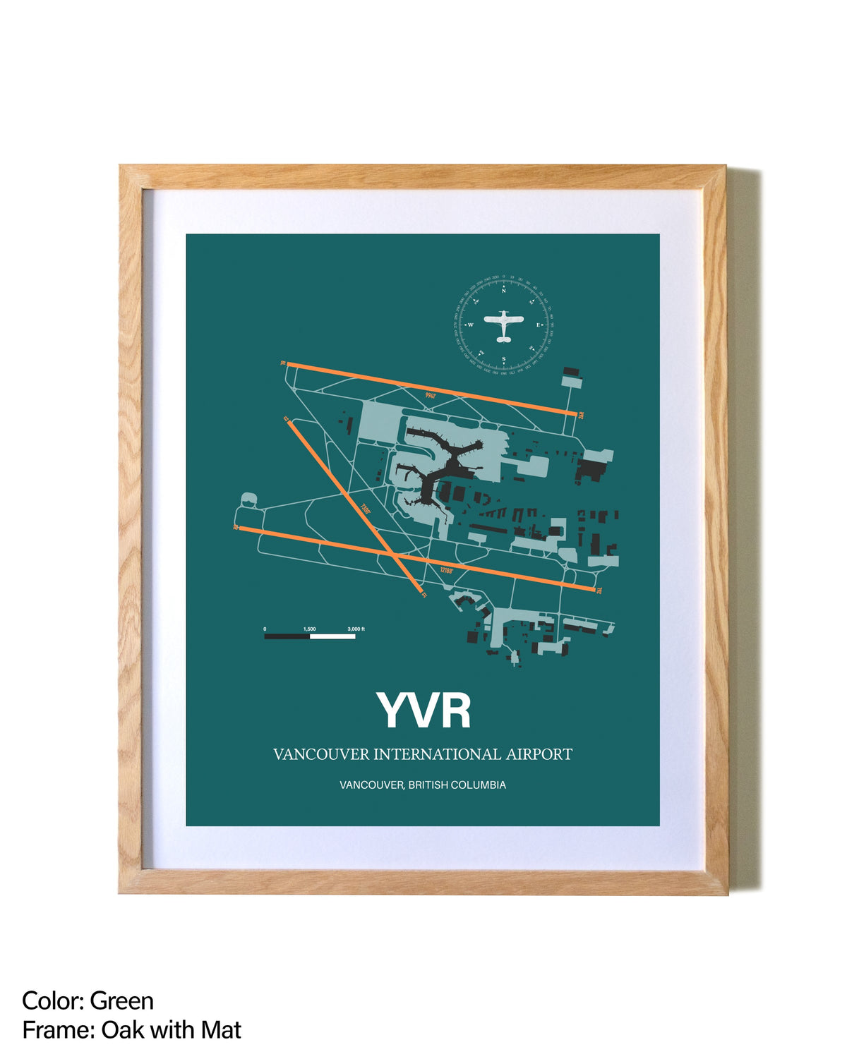 Vancouver International Airport airport map poster in oak frame with mat