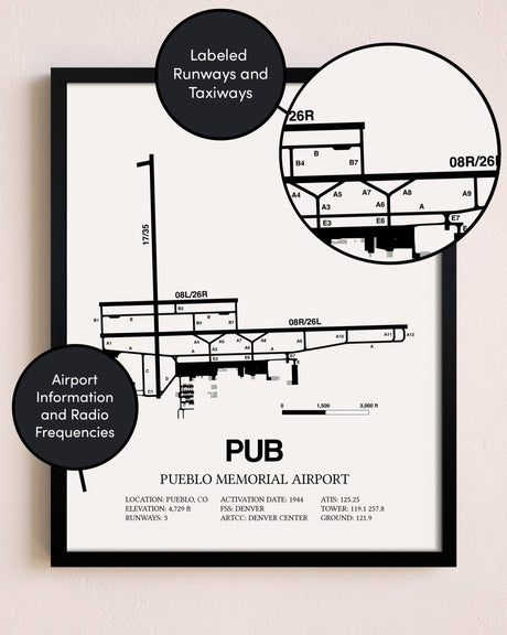 Framed Pueblo Memorial Airport layout wall art poster