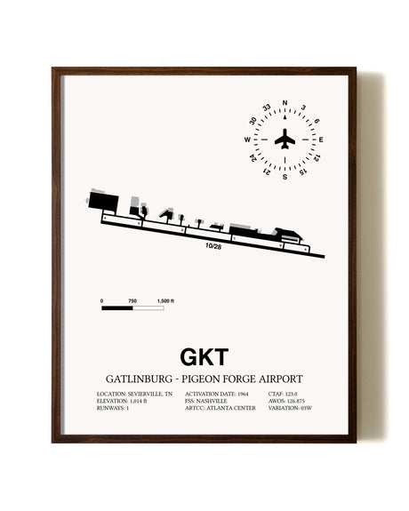 Gatlinburg-Pigeon Forge Airport aviation print in walnut frame