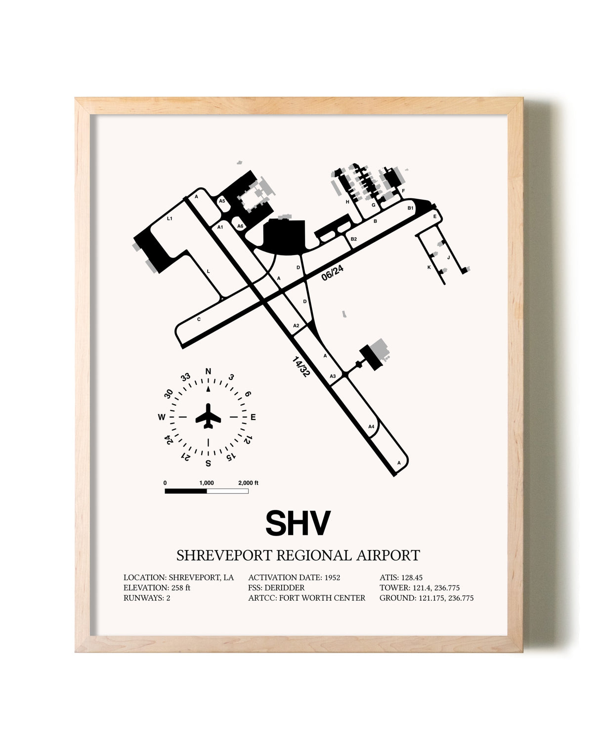 Shreveport Regional Airport framed wall art in white frame