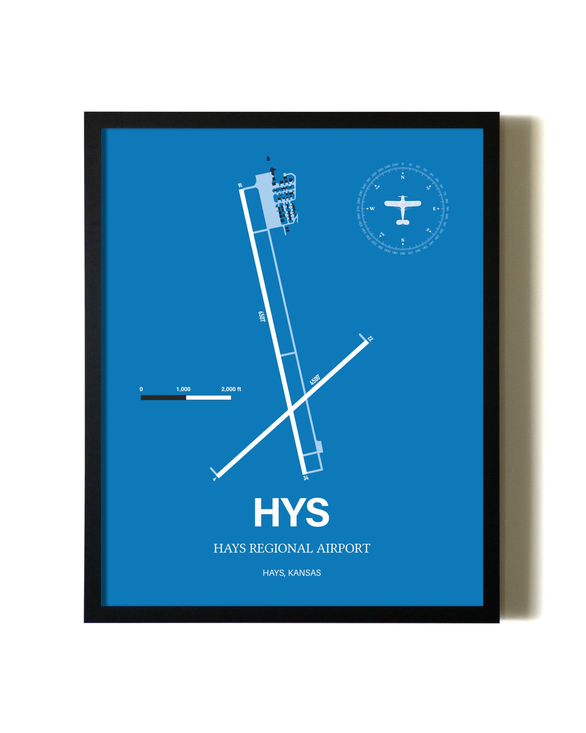 Sky Blue Hays Regional Airport aviation wall décor in black wood frame