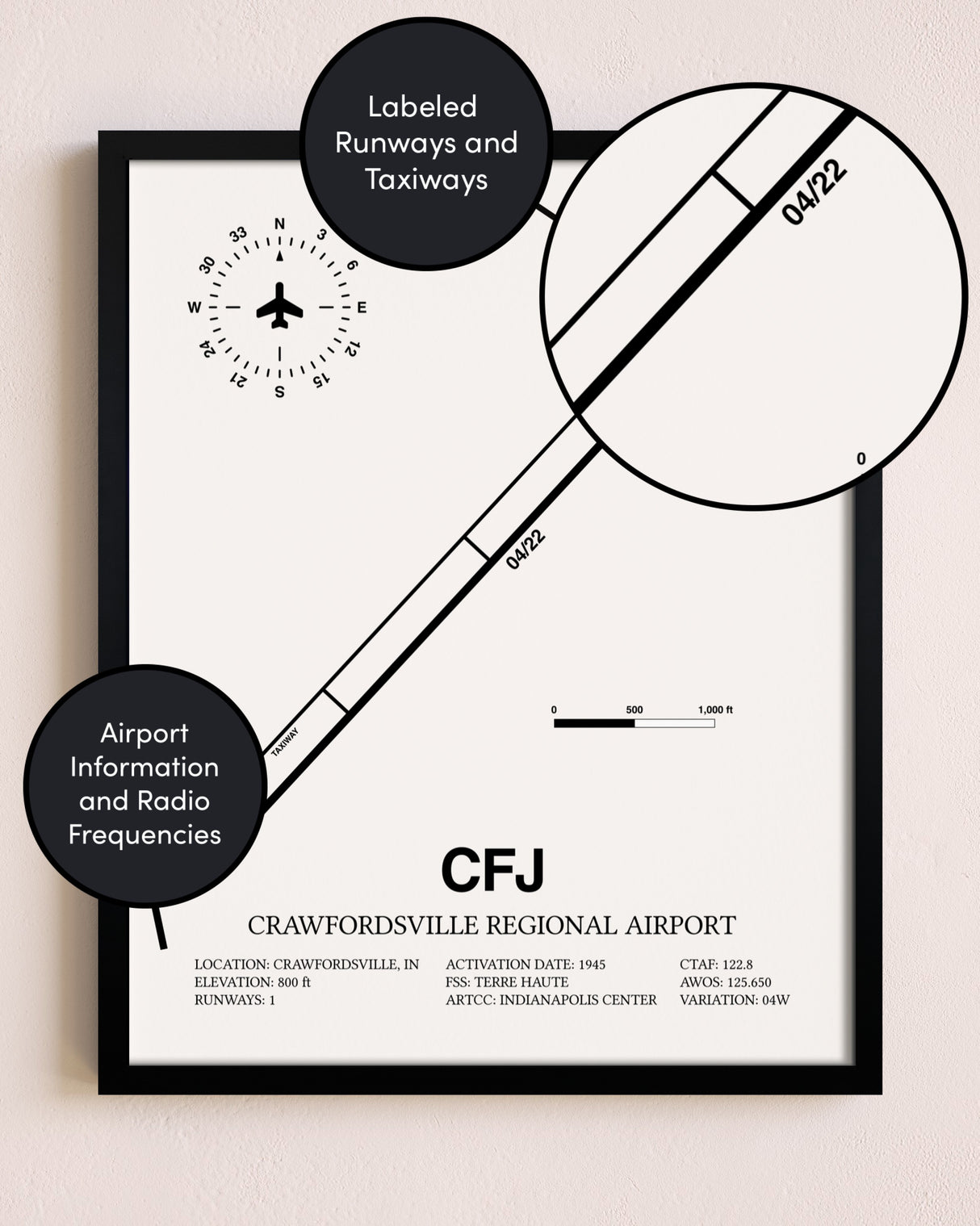 Framed Crawfordsville Regional Airport layout wall art poster