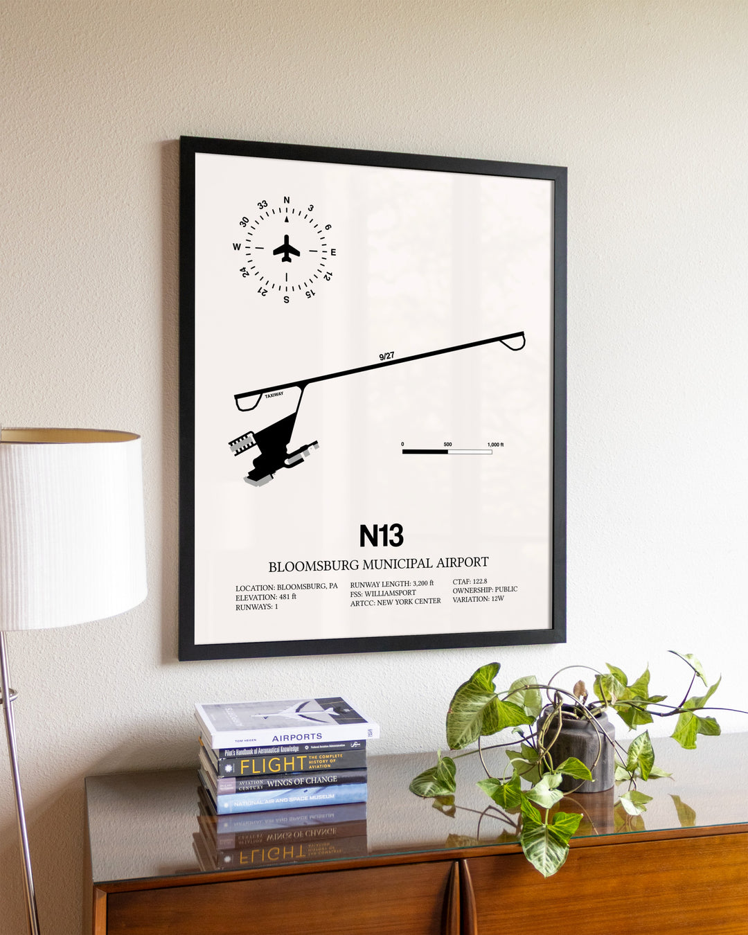 Bloomsburg Municipal Airport aviation wall décor in black wood frame