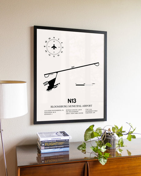Bloomsburg Municipal Airport aviation wall décor in black wood frame