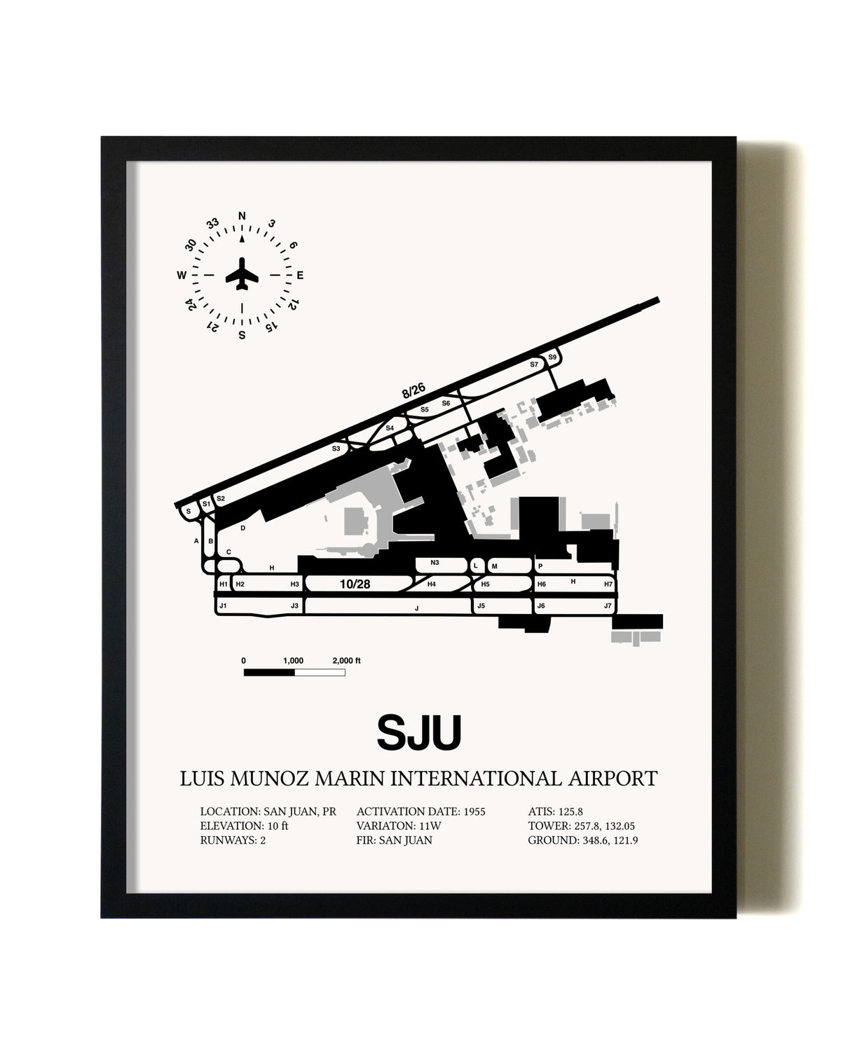 Framed Luis Munoz Marin International Airport wall art poster in black frame