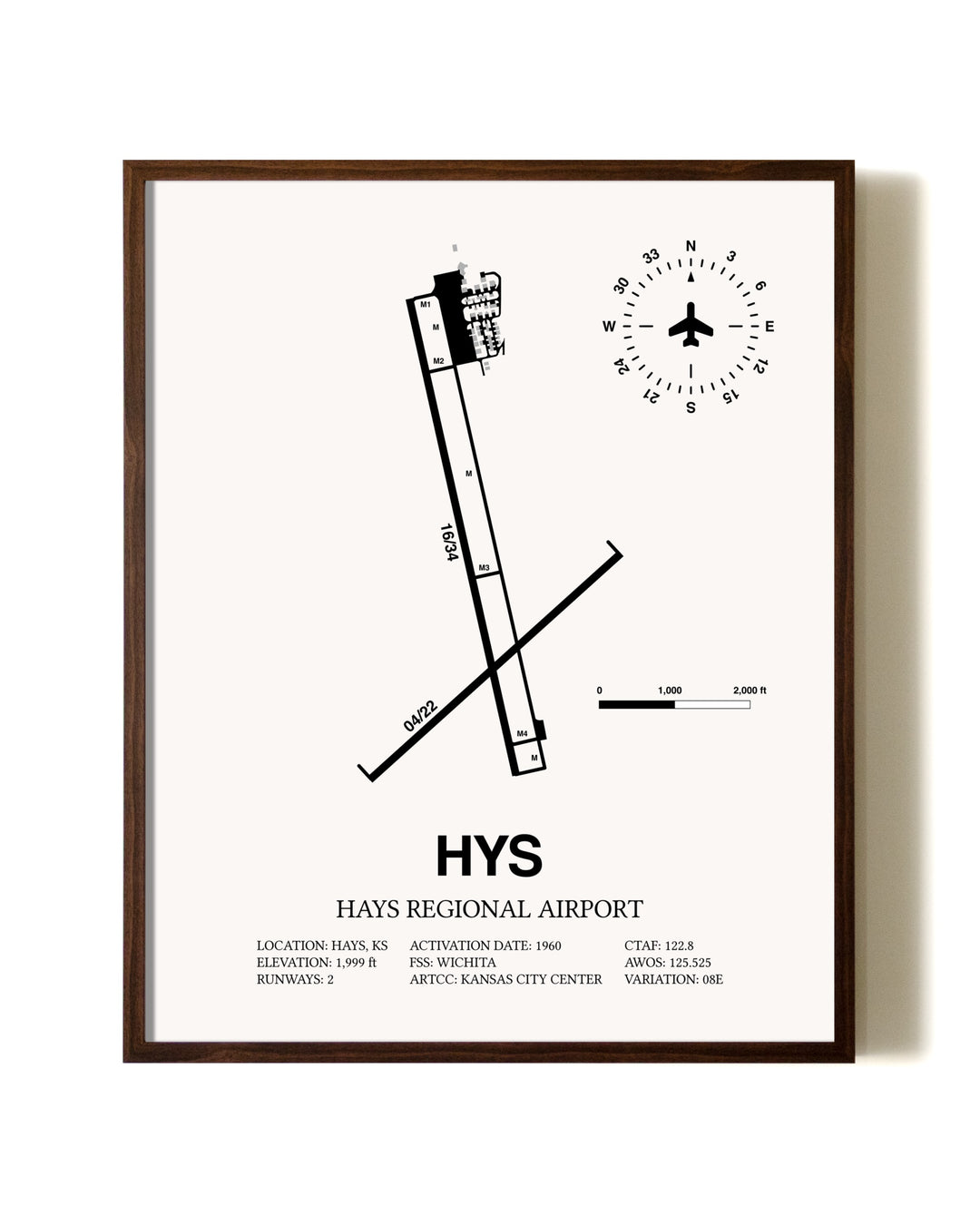 Hays Regional Airport aviation print in walnut frame
