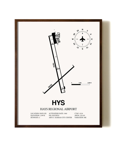 Hays Regional Airport aviation print in walnut frame