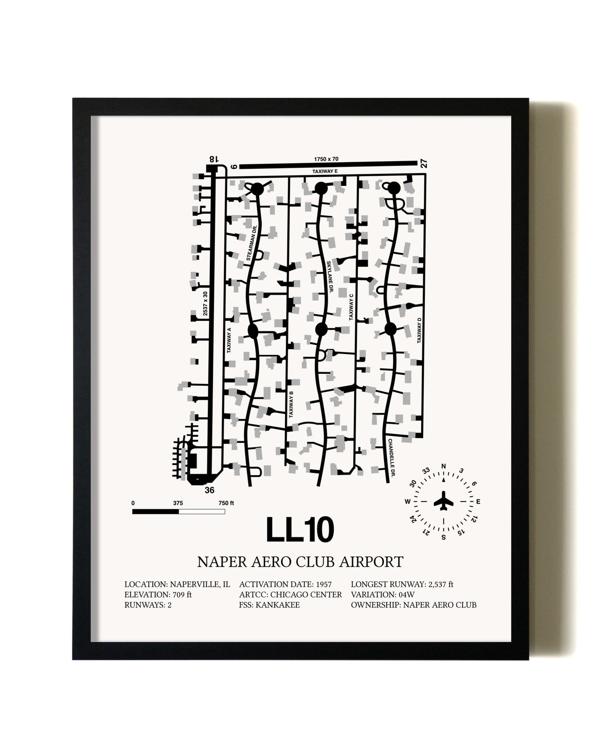 Framed Naper Aero Club Airport wall art poster in black frame