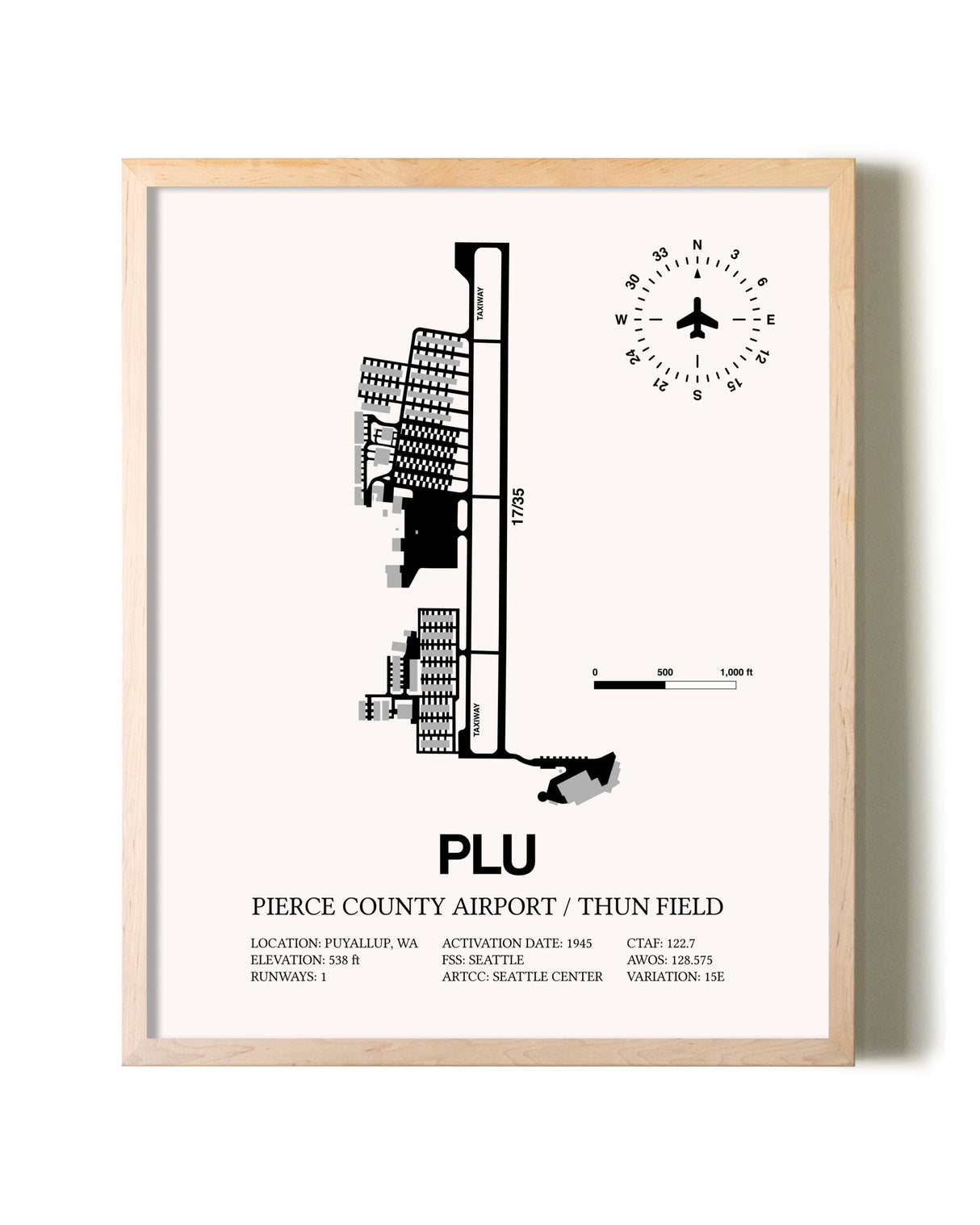 Pierce County Airport / Thun Field framed wall art in white frame