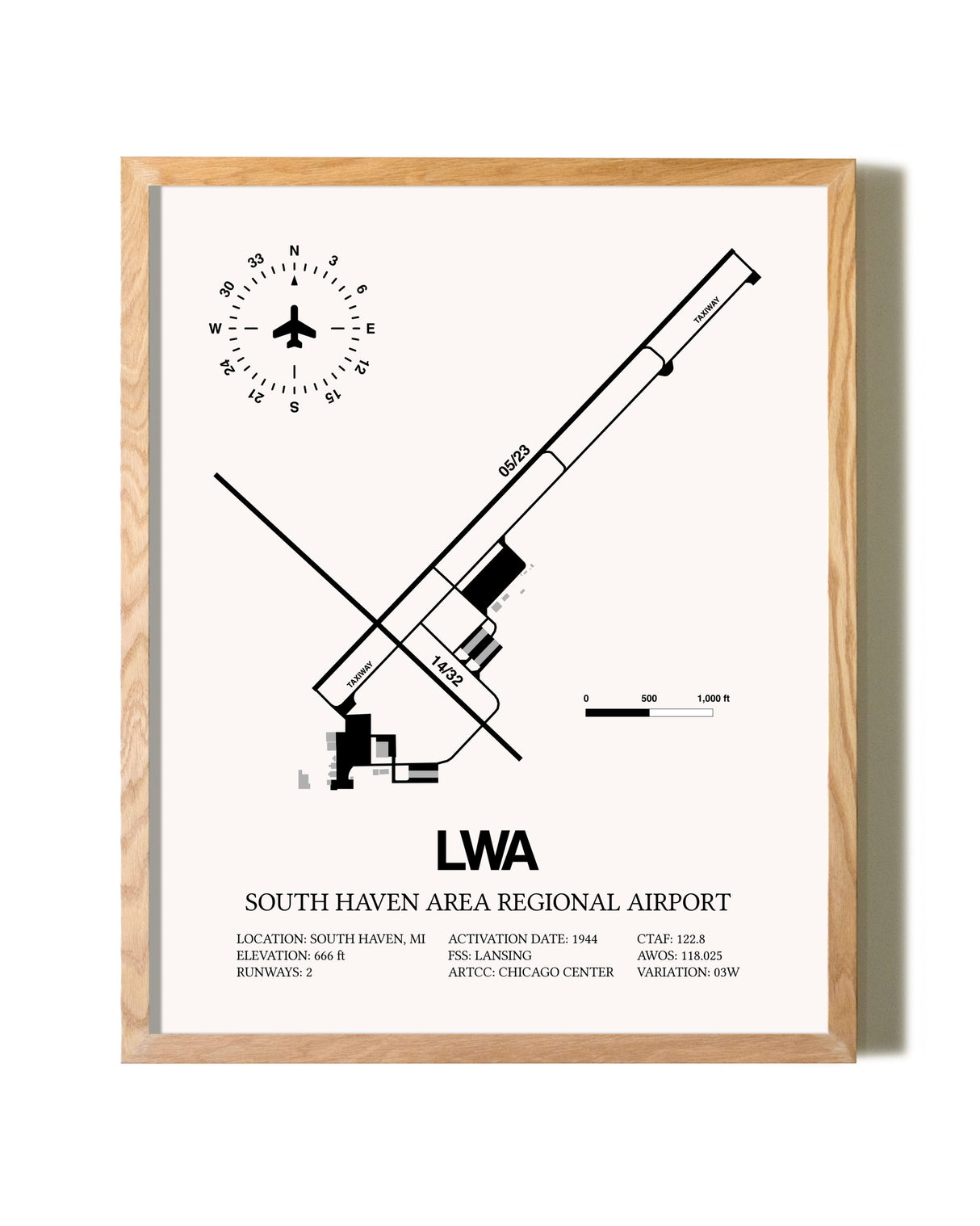 South Haven Area Regional Airport framed print in natural wood frame