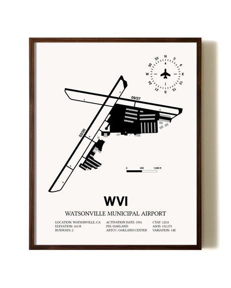 Watsonville Municipal Airport aviation print in walnut frame